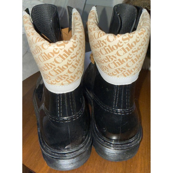 See By Chloe Luxury Black Glossy Logo Rain Boots Lace Up Combat Booties Size 8 - Picture 11 of 16